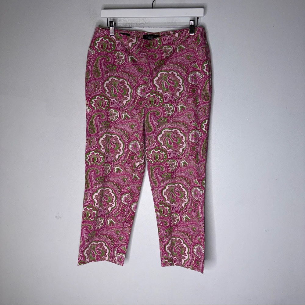 Talbots Vintage Pink Green Paisley Slit Cuff Stretch Capri Pants Size 8